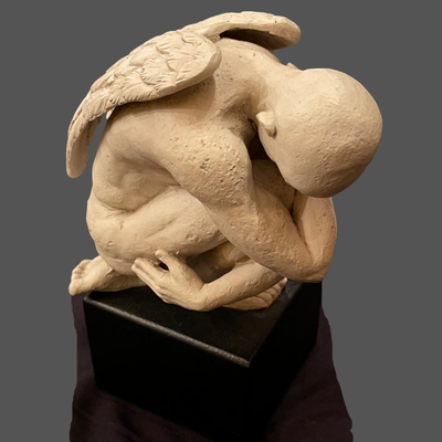 TMS Pensive Angel Vitruvian Collection Stone Sculpture on Pedestal - 9"