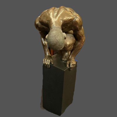 Body Talk Bronze Sculpture Naked Bodybuilder Stretching on a Pedestal - 13"