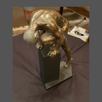 Body Talk Bronze Sculpture Naked Bodybuilder Stretching on a Pedestal - 13"