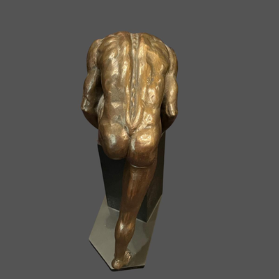 Body Talk Bronze Sculpture Naked Bodybuilder Stretching on a Pedestal - 13"