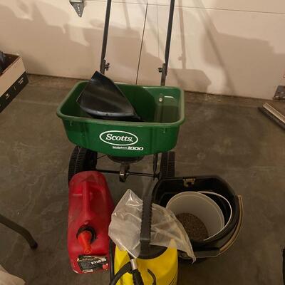 G25 spreader, gas can, sprayer and small buckets