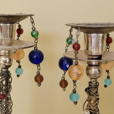 Lot 69: Vintage Silver Tone and Beaded Candleholders and Beaded Glass Chimney