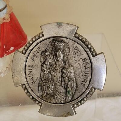 Lot 82: Vintage Mexican Metal Cross, Sanmyro Infant of Prague & Saint Anne De Beaupre French Antique Religious Metal Easel, c1920's