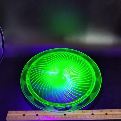 13 - Vintage Uranium Glass Footed Cake Plate