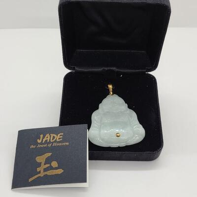 LOTJ: New In Box Jadeite Buddha Pendant with 14kt Gold Findings