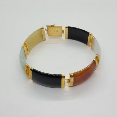 LOTJ 119: 14kt Gold and Multicolor Gemstone, Black Onyx, Jadeite Bracelet