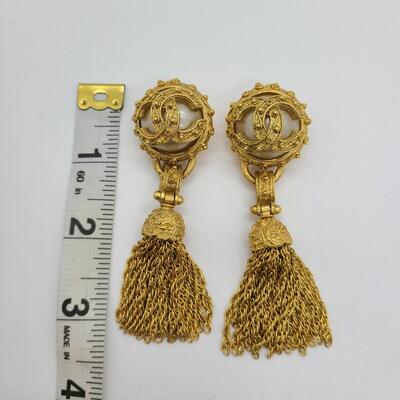 LOTJ: 1994 Chanel Coco 94/A CC Tassel, Gold Tone Dangle Clip-On Earrings (Made in France)