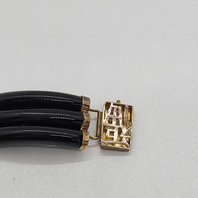 LOTJ: New in Box Triple Strand Curved Jade/Jadeite Set in 14kt Gold Bracelet