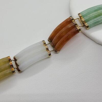 LOTJ: New in Box Triple Strand Curved Jade/Jadeite Set in 14kt Gold Bracelet