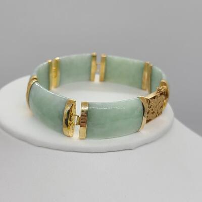 LOTJ: 14kt Yellow Gold and Jadeite Natural Gemstone Bracelet, with Dragon Latch