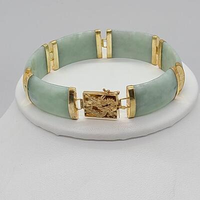 LOTJ: 14kt Yellow Gold and Jadeite Natural Gemstone Bracelet, with Dragon Latch