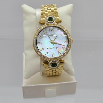 LOTJ140: Ecclissi Stainless Steel Watch with CZ's & Simulated Emeralds, Mother of Pearl Face
