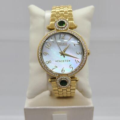 LOTJ140: Ecclissi Stainless Steel Watch with CZ's & Simulated Emeralds, Mother of Pearl Face