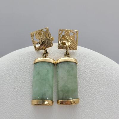 LOTJ: Natural Jadeite and 14kt Yellow Gold Dangle Pierced Earrings