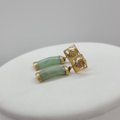 LOTJ: Natural Jadeite and 14kt Yellow Gold Dangle Pierced Earrings