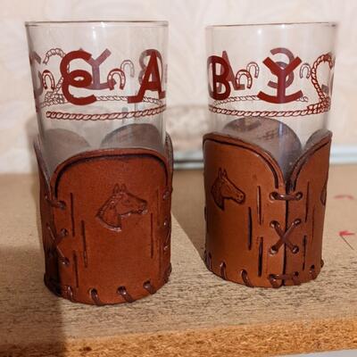 Vintage Libbey Bamco Horses Glasses with Leather Holders Set of 2