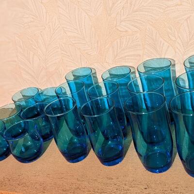 Vintage Turquoise Glassware, Set of 3 Different Sizes, 6 each