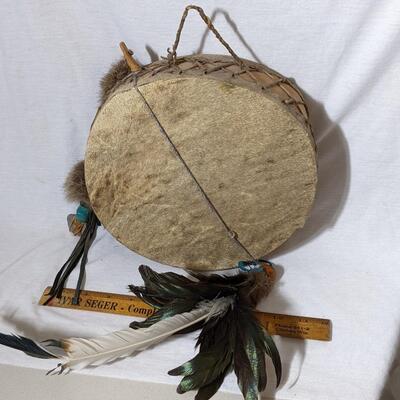 Vintage Native American Dance / Medicine Shield, painted hide circular shield adorned with feathers & beads