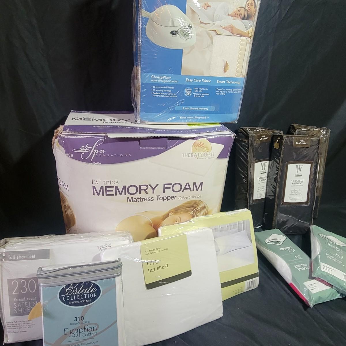 Full Sz Sunbeam Heated Blanket, Memory Foam Mattress Topper, & Sheets