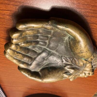 c1800s brass hands trinket dish
