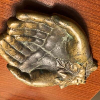 c1800s brass hands trinket dish