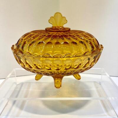 Fenton Amber Thumbprint Oval Covered Dish