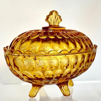 Fenton Amber Thumbprint Oval Covered Dish