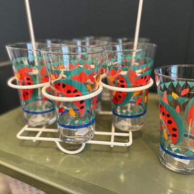 Vintage Libbey watermelon glasses and caddy