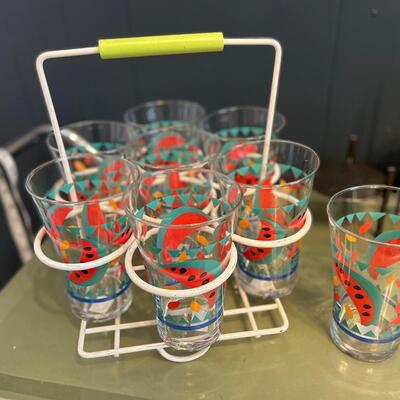 Vintage Libbey watermelon glasses and caddy