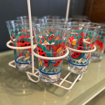 Vintage Libbey watermelon glasses and caddy