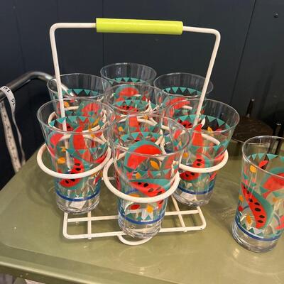 Vintage Libbey watermelon glasses and caddy