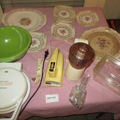 Kitchenware-- plates, waffle iron