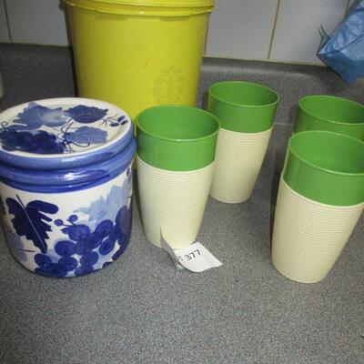 Kitchen= cups, plates, caniter