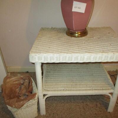 Wicker End Table & Pink Lamp