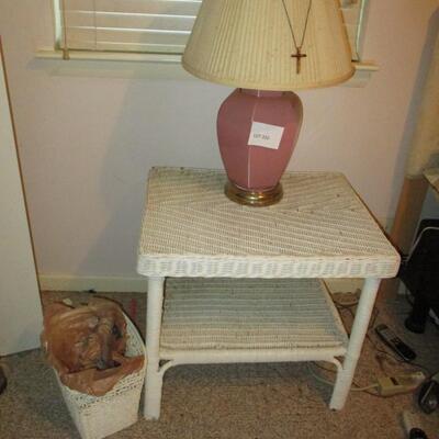 Wicker End Table & Pink Lamp