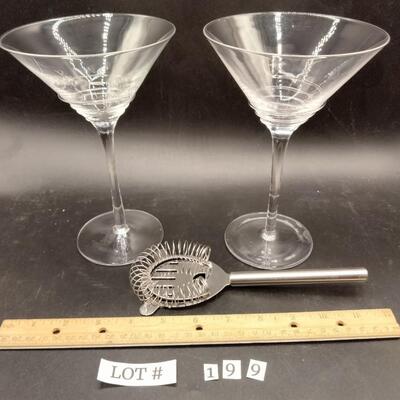 199 - Pair handblown martini glasses and strainer