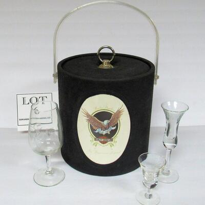 Older Harley Davidson Ice Bucket, Childress Wine Glass, and Shot Glasses