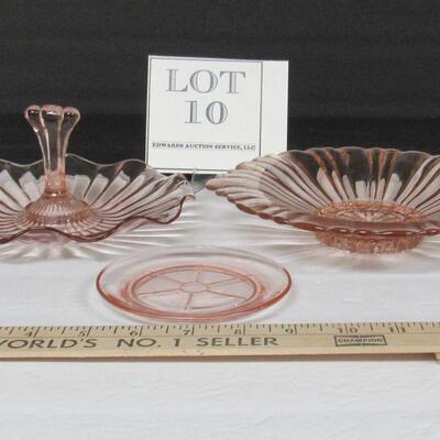 3 Pink Depression Glass Dishes, Old Cafe Bowl, Candy Dish, Coaster