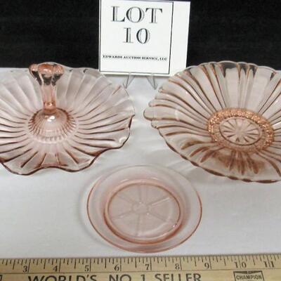 3 Pink Depression Glass Dishes, Old Cafe Bowl, Candy Dish, Coaster