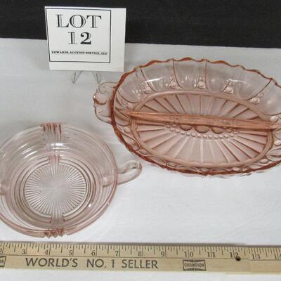Vintage Pink Depression Glass, Handled Bowl and Oyster and Pearl Relish