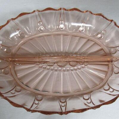 Vintage Pink Depression Glass, Handled Bowl and Oyster and Pearl Relish