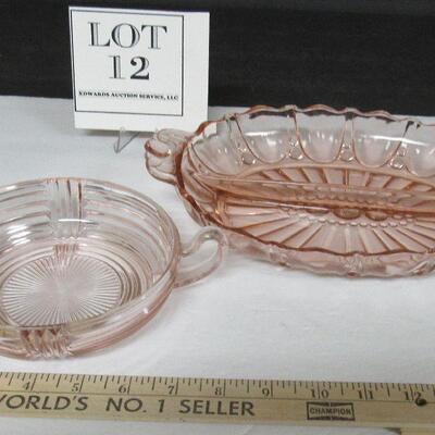 Vintage Pink Depression Glass, Handled Bowl and Oyster and Pearl Relish