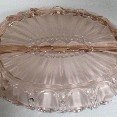 Vintage Pink Depression Glass, Handled Bowl and Oyster and Pearl Relish