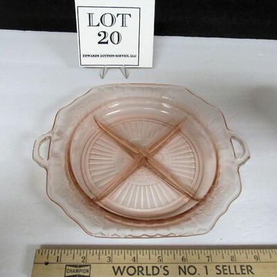 Pink Depression Glass Divided Relish Dish, Mayfair Pattern