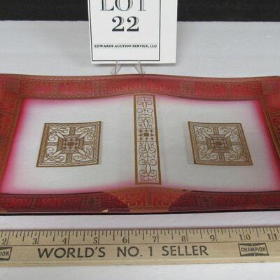 Mid Century Modern Wooden Handled Glass Tray With Gold Trim