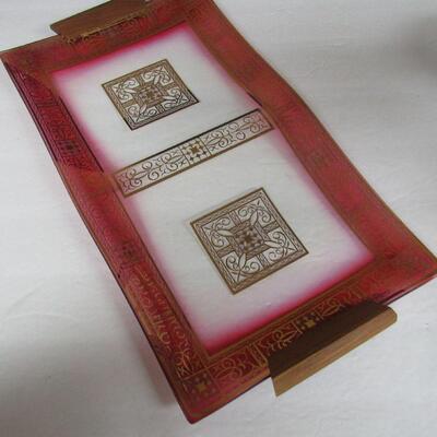 Mid Century Modern Wooden Handled Glass Tray With Gold Trim