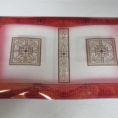 Mid Century Modern Wooden Handled Glass Tray With Gold Trim