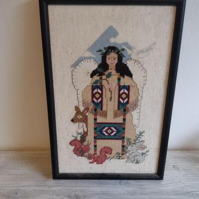 Framed needlepoint Indian lady picture