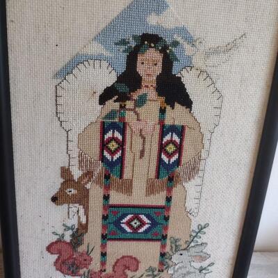 Framed needlepoint Indian lady picture