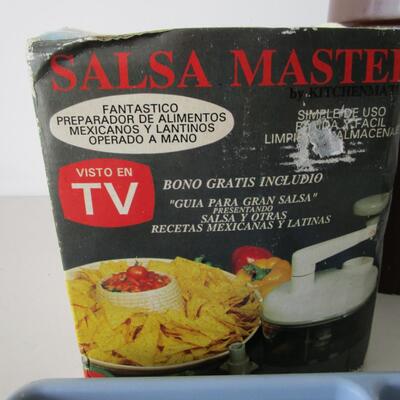 #22 Salsa Maker, new in box; Vintage Potato masher, Silverware tray, 2 qt pitcher